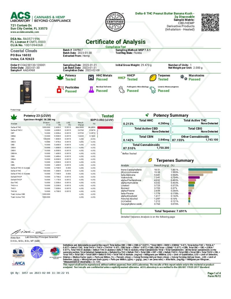 CoastalCloudsPeanutButterBananaKushDelta8 5PackCOA page 0001